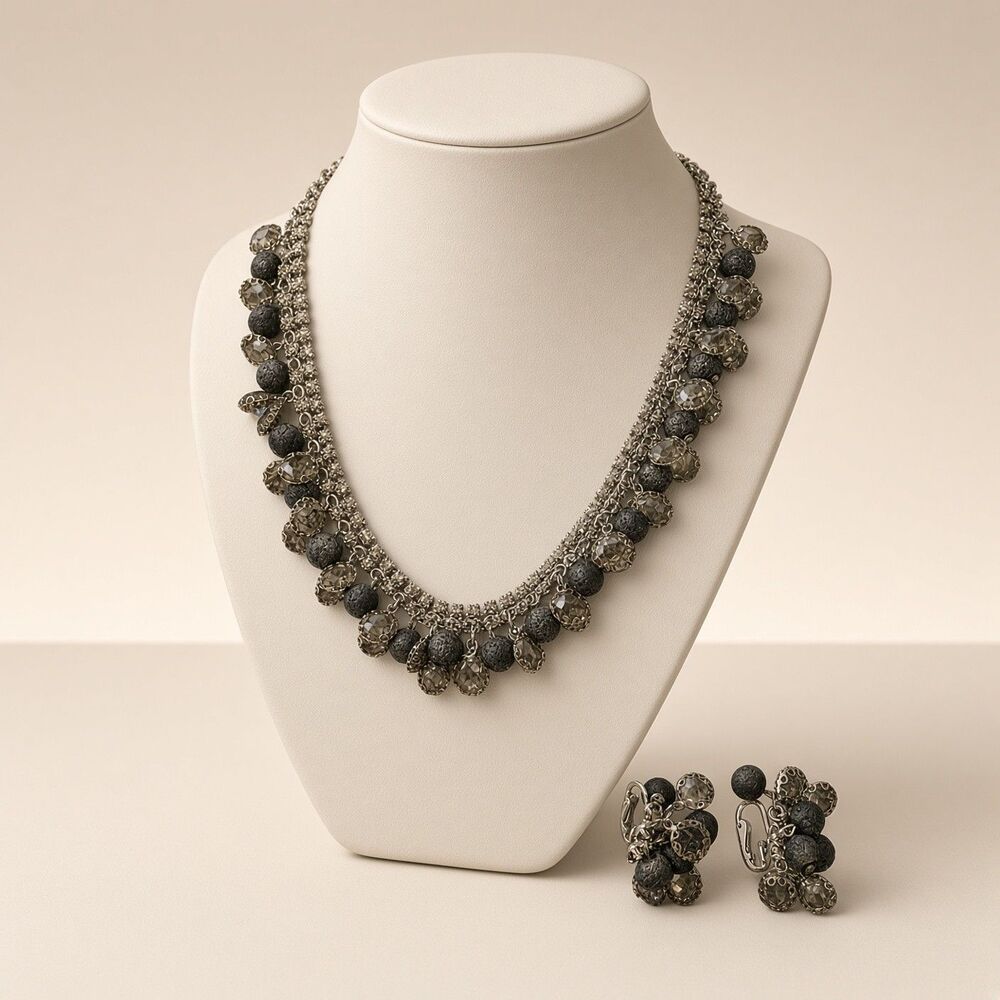 Vntge Signed Kramer NY Necklace and Clip Earrings Smoky Rhinestone Beads 15" set